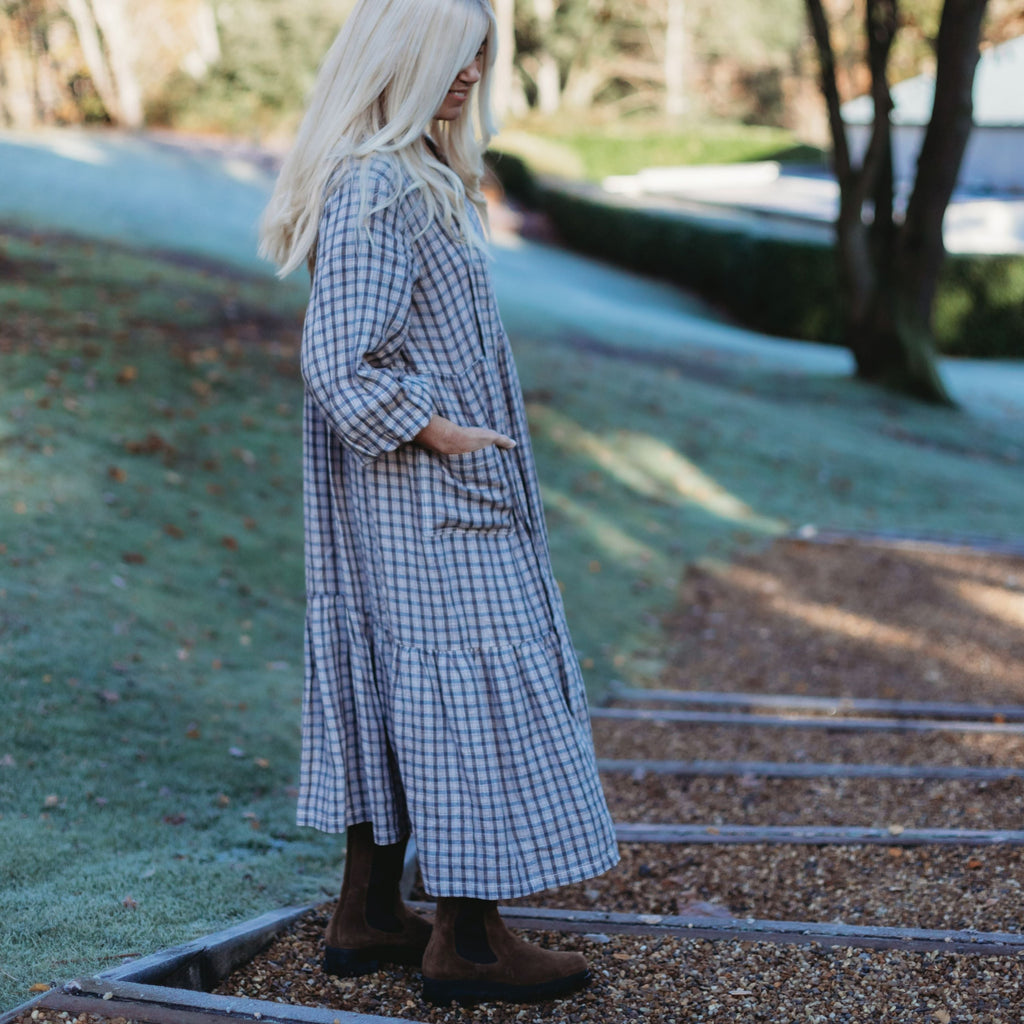 The Mabel Ladies Dress - Brown Check Linen