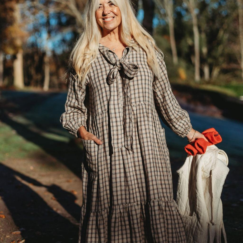 The Mabel Ladies Dress - Brown Check Linen